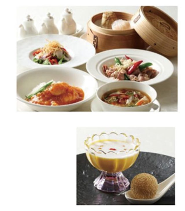 画像: ◆ランチ ・鯛と京みず菜のサラダ チャイニーズスタイル ・酸味と辛味のふかひれスープ “酸辣魚翅(サンラーユイチー)” ・点心盛り合わせ 二種のお愉しみ ・牛ロースの湯引き 醤油とナンプラーのあっさりとしたソース 万願寺とうがらしを添えて ・海老チリカレー 創作スタイル または 法れん草を練りこんだ翡翠冷麺 ◆デザート ・マンゴープリンと胡麻団子
