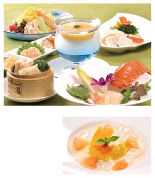 画像: ◆ランチ ・3種冷菜盛り合わせ ・ふかひれと賀茂なす入りコーンスープ 涼しげな演出とハーブの香り ・鱧と花イカのあっさり塩炒め ・伊勢海老と帆立貝柱のマヨネーズソース サラダ仕立て ・ふかひれと丹波しめじの蒸し餃子と海老焼売 ・胡麻ダレの冷麺 ◆デザート ・クリスタルジュレのマンゴープリン