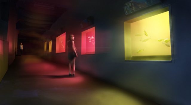 画像: 呼応する小さな海 / Small Resonating Sea チームラボ, 2015, インタラクティブデジタルインスタレーション, 音楽:高橋英明 人が水槽のガラス面に近づくと、水槽の光の色を変化させ、色特有の音色を響かせる。そして、その近くの水槽も呼応し、同じ光のに変化し音色を響かせる。そして次々にまわりの水槽に連続していく。 www.team-lab.net