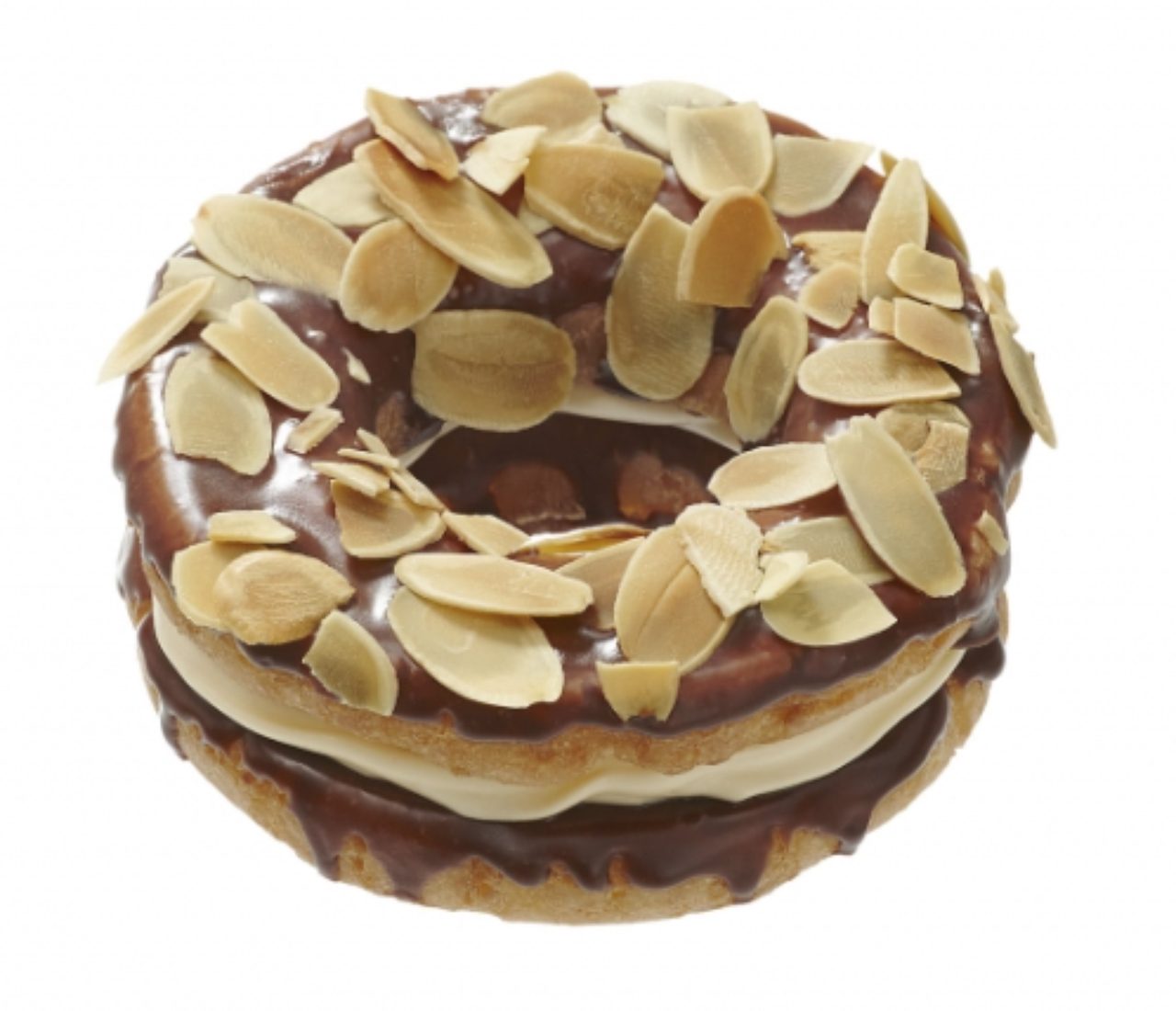 画像: 【チョコ】 チョコアイシングでコーティングしたしっとり軽い食感のドーナツ生地でカスタードホイップをサンドし、店舗でローストしたスライスアーモンドをトッピングしました。