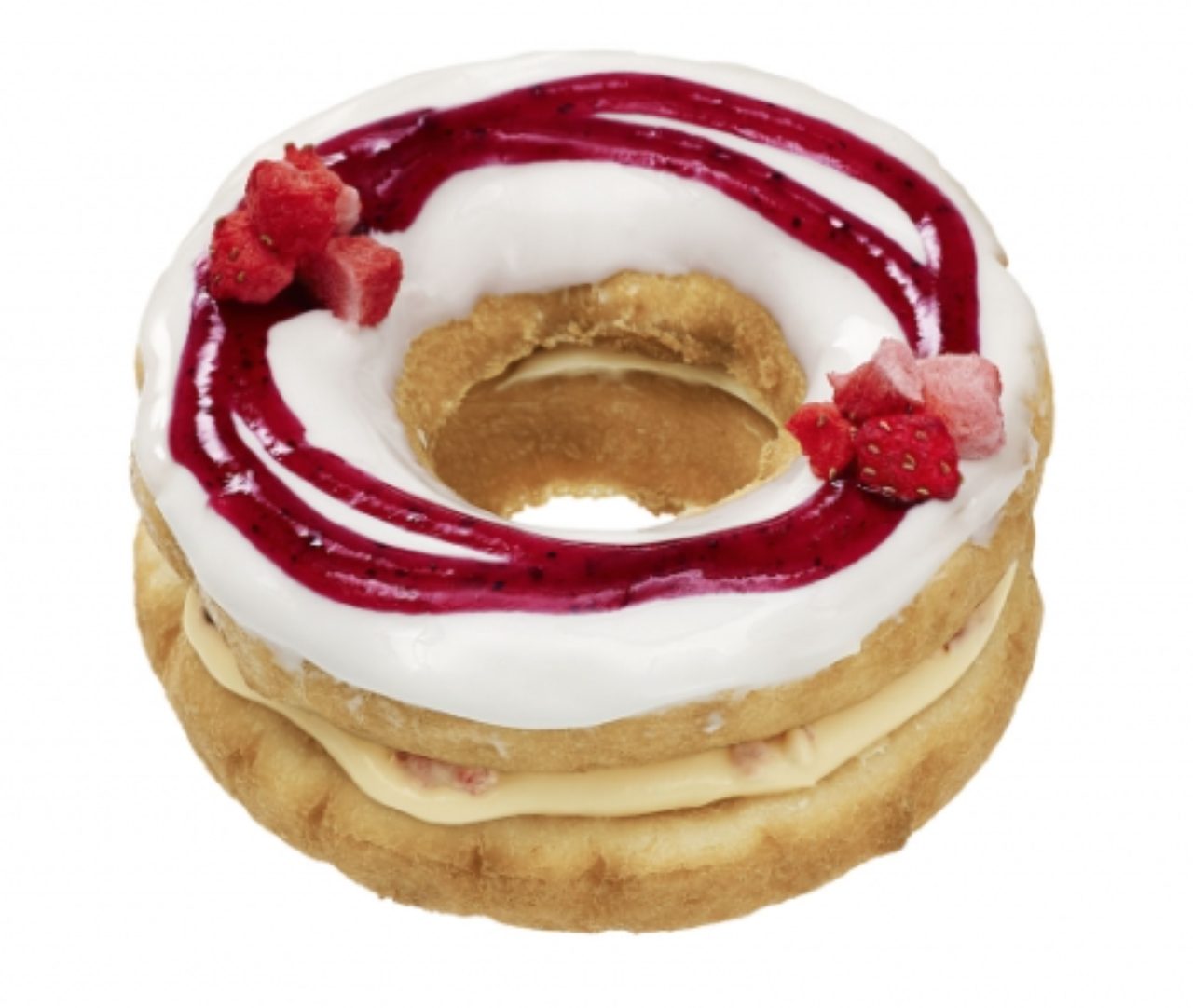 画像: 【ベリー】 しっとり軽い食感のドーナツ生地で、フリーズドライストロベリーを混ぜ込んだカスタードホイップをサンドし、ヨーグルト風味のアイシングとブルーベリーソース、フリーズドライストロベリーでデコレーションしました。