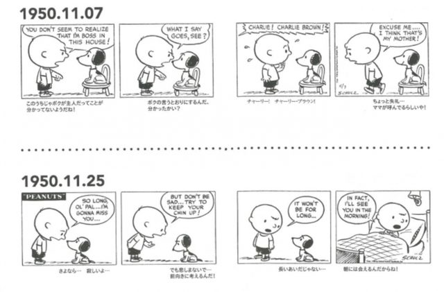 画像: 1950年10月2日、アメリカの新聞7紙に記念すべき第1作目が掲載され、連載がスタートしました。当時、スヌーピーは4本足で歩くかわいい子犬でしたが、次第に考える犬になり、2足歩行になって、お馴染みのスヌーピーへと少しずつ容姿も変わっていきました。 1950年代のコミックが収録された日本の出版物は少なく、本書は1950年代の作品166本を収録した貴重な1冊で、幼い頃のピーナッツキャラクターが楽しめます。