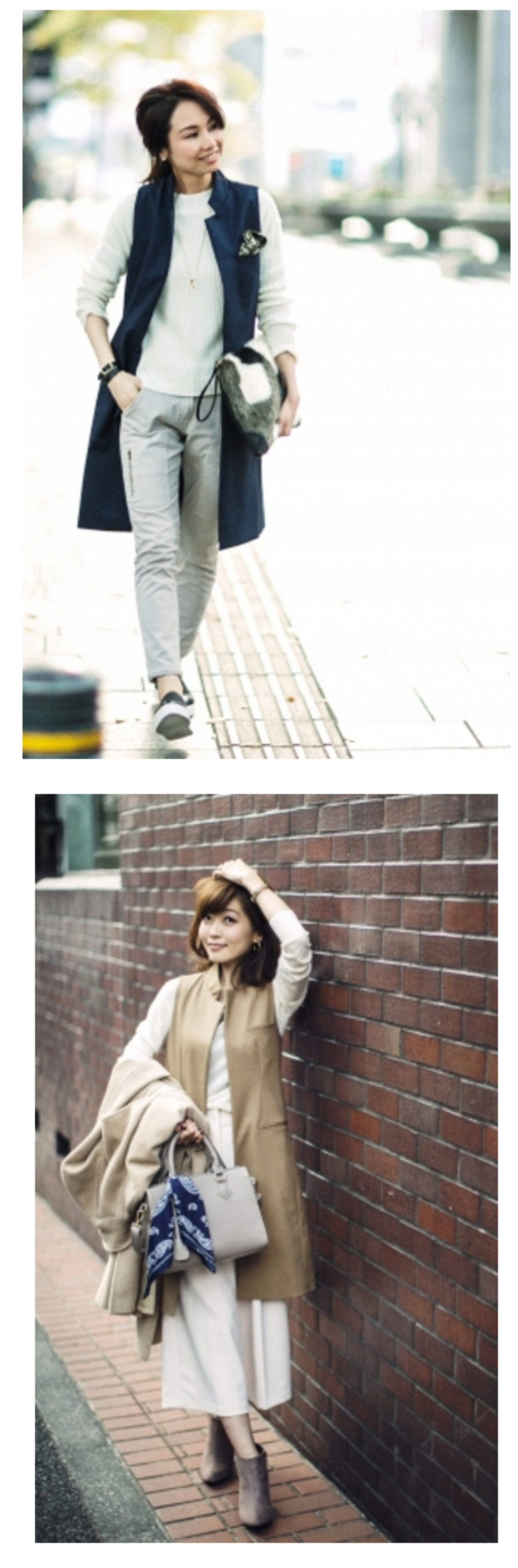 画像: Gillet&Scarf(Beige×Navy/Navy×Khaki/L.Grey×Bordeaux)5,900円(税別)は流行のジレにそれぞれのカラーに合ったスカーフが付いているので、チーフとしてはもちろん、首に巻いたり、手首に巻いたり、バックに付けたり・・・とアレンジも楽しんで頂けます。