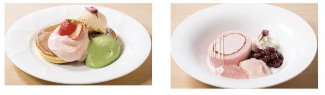 画像: 左 : 桜のパンケーキ 510円(税込550円) 右 : 桜のロールケーキ 499円(税込538円)
