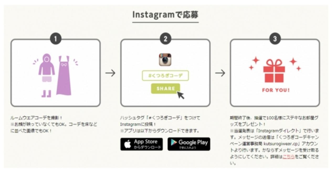 画像: ①ルームウェアコーディネートを撮影！ ②Instagramでハッシュタグ「#くつろぎコーデ」をつけて投稿！ ③期間終了後、抽選で100名様にステキなお部屋グッズをプレゼント！