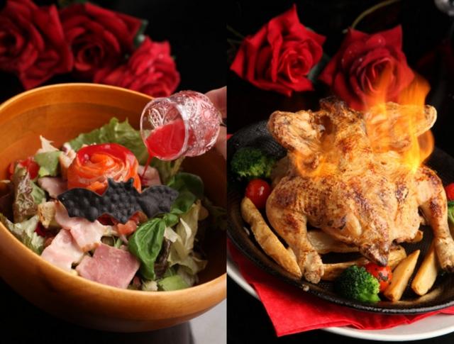 画像: (左)薔薇を模したサーモンと、アボカドが入ったヴァンパイアカフェ特製のシーザーサラダ。スタッフがお席で呪文を唱えながらフランボワーズとレモンのドレッシングをふりかけ、さっぱり華やかなお味に仕上げます。 (右) ハーブやレモンに一晩漬け込んだ若鶏まるごと一羽を、オリーブオイルと特製ケイジャンスパイスでマリネし オーブンでじっくりと焼き上げました。 お客様の目の前で火炙りを行うことで、表面は香ばしくパリパリに・中はじゅわっとジューシーな味わいに。