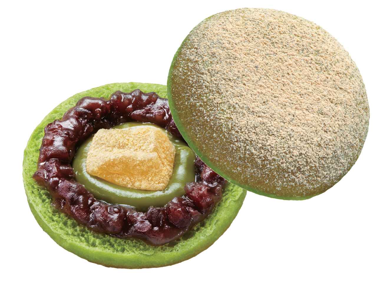 画像: ●わらびもちサンド　あずき抹茶（172円） うぐいす色のイースト生地にあずきあん、抹茶クリーム、わらびもちをサンドし、きなこシュガーを振りかけました