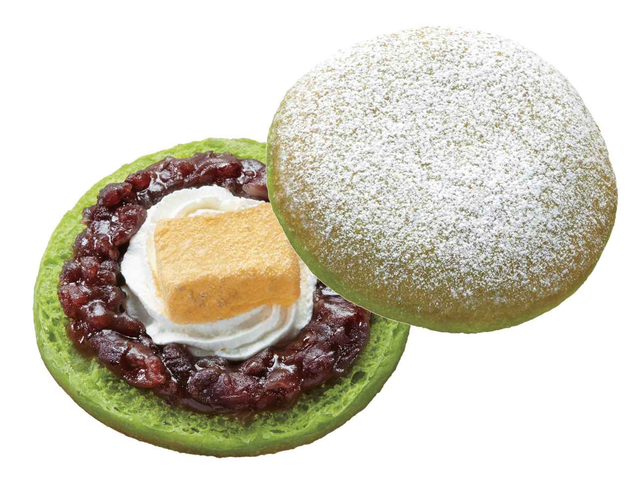 画像: ●わらびもちサンド　あずきホイップ（172円） うぐいす色のイースト生地にあずきあん、ホイップクリーム、わらびもちをサンドし、シュガーを振りかけました