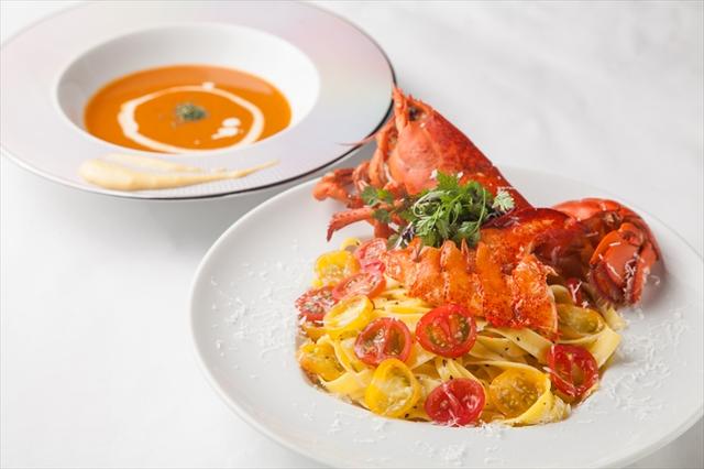 画像: オマール海老のビスクと平打ち麺の’つけパスタ’ 2,200円 オマール海老の贅沢濃厚な出汁を使ったビスクに平打ち麺の生パスタをつけてお召し上がりいただきます。