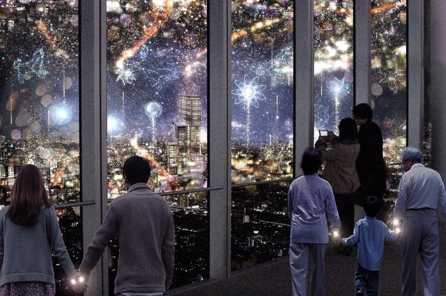 画像: 3.星空の都市 きらめく街を流星とともに駆けていくと、目の前に広がる大阪の街の光が星空となり夜景と星空が交錯した幻想的な空間「星空の都市」に辿り着きます。夜景の都市と夜空の都市に星や雪をモチーフとした大輪の花火が打ち上がります。