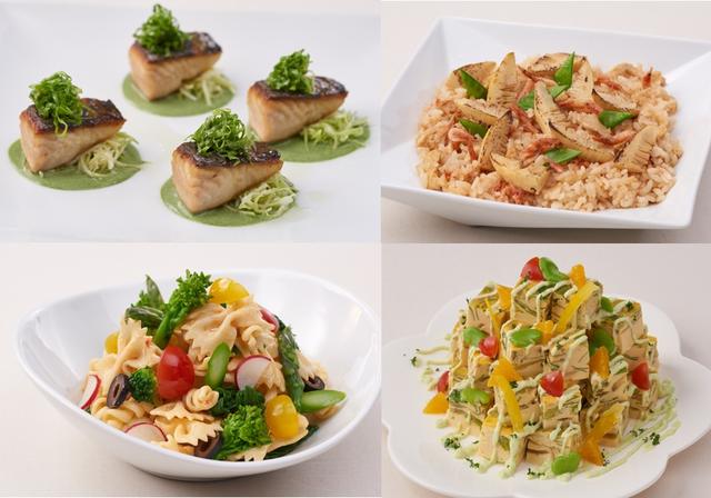 画像: (上段左)「鰆のポワレ、グリーンソースと緑の野菜の取り合わせ」(※1) (上段右)「焼きたけのこと桜海老の炊き込み御飯」 (下段左)「春野菜とリボンパスタのサラダ ~シラチャーソース~」(※2) (下段右)「春野菜のオムレツ ~そら豆のムースソース~」