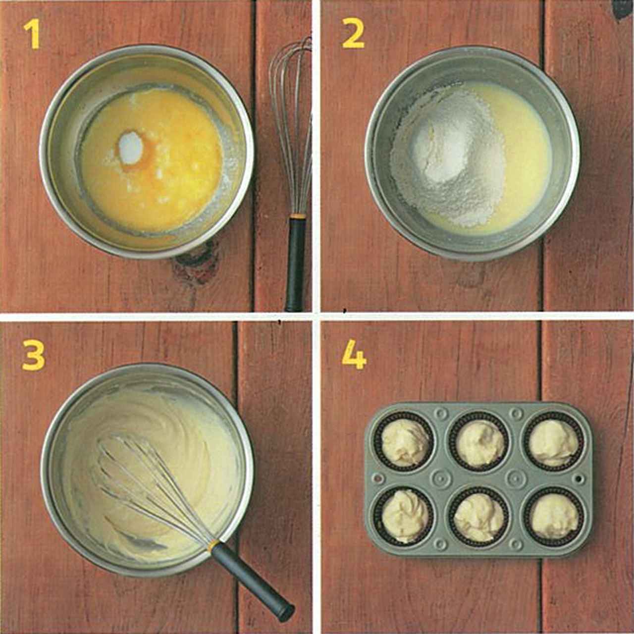 画像: 1.牛乳やバターなどの材料を混ぜる、2.粉をふるい入れる、3.さらに混ぜる、4.型に入れて焼く、の4コマでマフィンが完成!