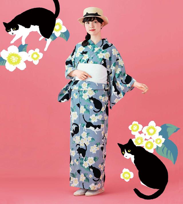 画像: 猫てんこ盛り!またたびの花とたわむれる、ハチワレ猫のオリジナル浴衣