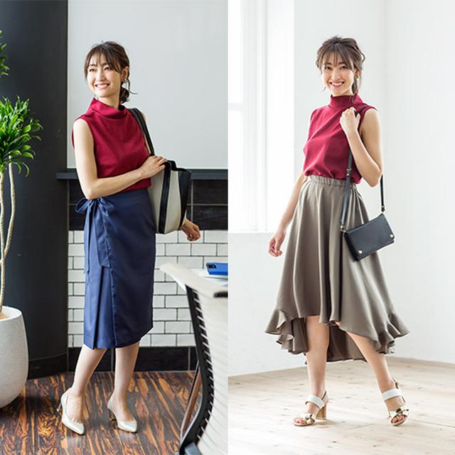 画像: この夏から、3アイテムセットが登場! まずはエディクロを体感してみたい方には、トライアルとしてもオススメです。女性らしいシルエットを描く表情豊かな2つのスカートをメインに、血色の良い顔映りを計算したトップスをイン。ONもOFFも”着るだけで全方位から美人見え”になれるようなディティールにこだわりました。 1 スタンドネックストレッチカットソー 2 膝丈ラップスカート 3 アシンメトリーフレアギャザースカート