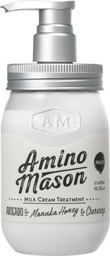 画像: アミノメイソン モイスト ミルククリーム トリートメント 450mL 1,400円 18種のアミノ酸保湿成分配合。髪の芯まで浸透して潤うミルククリーム配合のしっとりトリートメント。 キューティクルの剥離を整え、強い髪へと導きます。 ●18種のアミノ酸保湿成分配合 ●浸透促進成分配合