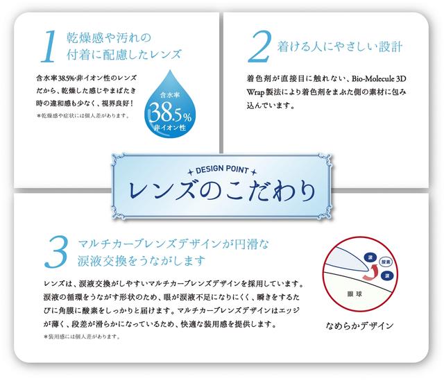 画像: <商品特長> これまでのカラーコンタクトレンズとは一線を画す、技術と目の健康を考えて設計され、デザインだけでなく、快適な着け心地と瞳の美しさを両立し引き出すことが大きな特長です。 1)乾燥感や汚れの付着に配慮したレンズ 含水率38.5%・非イオン性のレンズだから、乾燥した感じや、まばたき時の違和感も少なく、視界良好! *乾燥感や症状には 個人差があります。 2)着ける人にやさしい設計 着色剤が直接目に触れない、Bio-Molecule 3D Wrap製法により着色剤をまぶた側の素材に包み込んでいます。 3)マルチカーブレンズデザインが円滑な涙液交換をうながします レンズは、涙液交換がしやすいマルチカーブレンズデザインを採用しています。涙液の循環をうながす形状のため、眼が涙液不足になりにくく、瞬きをするたびに角膜に酸素をしっかりと届けます。マルチカーブレンズデザインはエッジが薄く、段差が滑らかになっているため、快適な装用感を提供します。 *装用感や症状には 個人差があります。