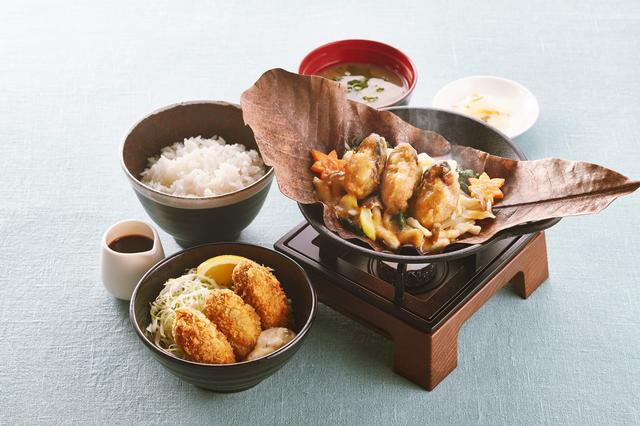 画像: 広島産牡蠣の朴葉焼き よくばり膳(牡蠣フライ・ごはん・みそ汁・漬物つき) 1,299円