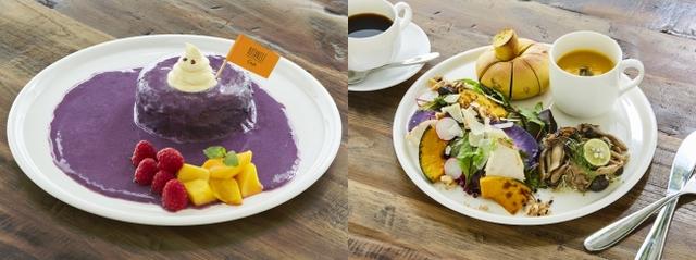 画像: (左)HALLOWEEN UBE PANCAKE 1,000円(税込) (右)BOTANICAL HALLOWEEN BRUNCH SALAD SET 1,300円(税込)