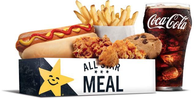 画像: <MEAL3> ホットドッグ、チキンテンダー(2ピース)、フレンチフライ(S)、チョコチップクッキー、フリードリンク(Sサイズカップ)