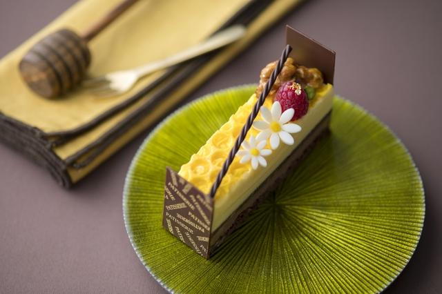 画像: ◆菜の花はちみつとチョコレートムース 550円 クルミ入りのチョコレート生地でチョコレートムースを挟み、さらに千葉産の菜の花ハチミツのムースを上に重ねました。トップにはクルミ、ピスタチオ、フランボワーズを添えました。菜の花ハチミツの優しい甘みとしっとりとしたチョコレートの相性が絶妙なムースです。