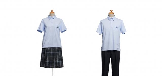 画像: ■学校法人大阪滋慶学園 滋慶学園高等学校 美作キャンパス(岡山県) 【デザイナーコメント】 冬服と同柄のボトムにサックスのプルオーバーを合わせ、夏らしい爽やかなデザインに仕上げました。素材にもこだわり、通気性や吸汗速乾性に優れたニットシャツを採用。暑い日も快適に過ごすことができます。胸ポケットにはジャケットと同じ刺繍をブルーで施し、デザインのポイントにしました。
