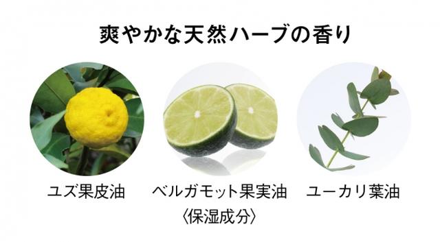 画像: ◆3つの天然ハーブの香りで、気分もリフレッシュ 爽やかな香りが特長の3種の天然アロマオイルを配合。現代人のストレスにも着目し、スッキリと気分をリフレッシュする香りでつつみ込みます。