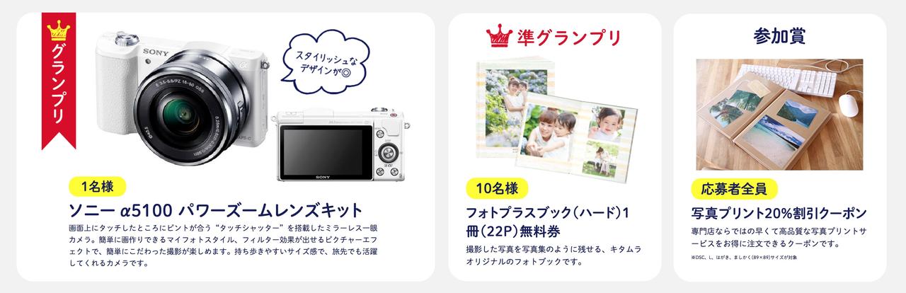 画像: ◇ グランプリ:ソニー α5100 パワーズームレンズキット・・・1名様 ◇ 準グランプリ:フォトプラスブック(ハード)1冊(22P)無料券・・・10名様 ◇ 参加賞:写真プリント20%割引クーポン・・・応募者全員