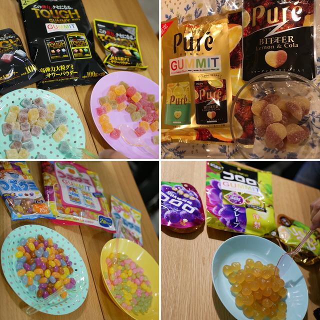 画像: (左上から時計回り)カバヤ食品「タフグミ エナジードリンク味」・カンロ「ピュレグミ ビターレモン&コーラ味」・UHA味覚糖「コロロ 洋梨味」・春日井製薬「つぶグミ 和ソーダミックス味」