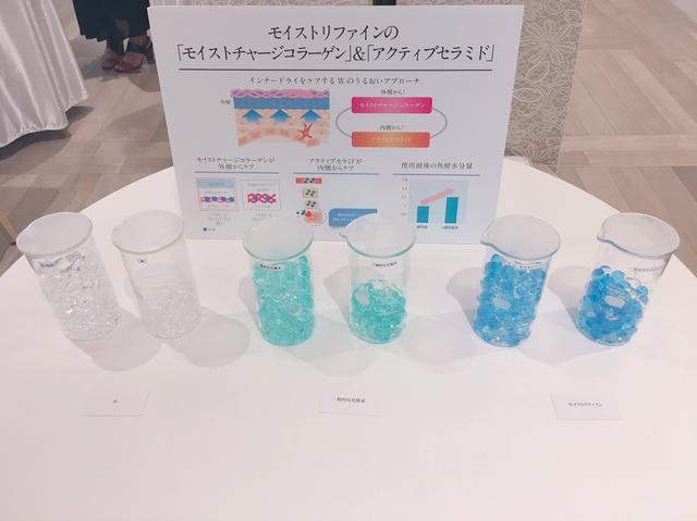 画像: 左から水、一般的な化粧水、モイストリファインを含ませたウォータービーズをいれた容器