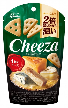 画像: 製品名：『生チーズのチーザ＜4種のチーズ＞』 内容量：40g 希望小売価格：180円（税別） 特長： 4種のチーズを53%も練り込んだ新感覚のおつまみスナックです。チェダーチーズ、パルメザン、ゴルゴンゾーラ、カマンベールの4種のチーズをバランスよくブレンドしました。 一枚口に入れた瞬間、濃厚な旨み、生チーズの本格的な味わいが、口いっぱいに広がります。