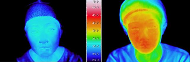 画像: 温スチームを全顔にあて、使用開始から10分後の皮膚表面温度。(左:ヤーマン従来品、右:本製品)