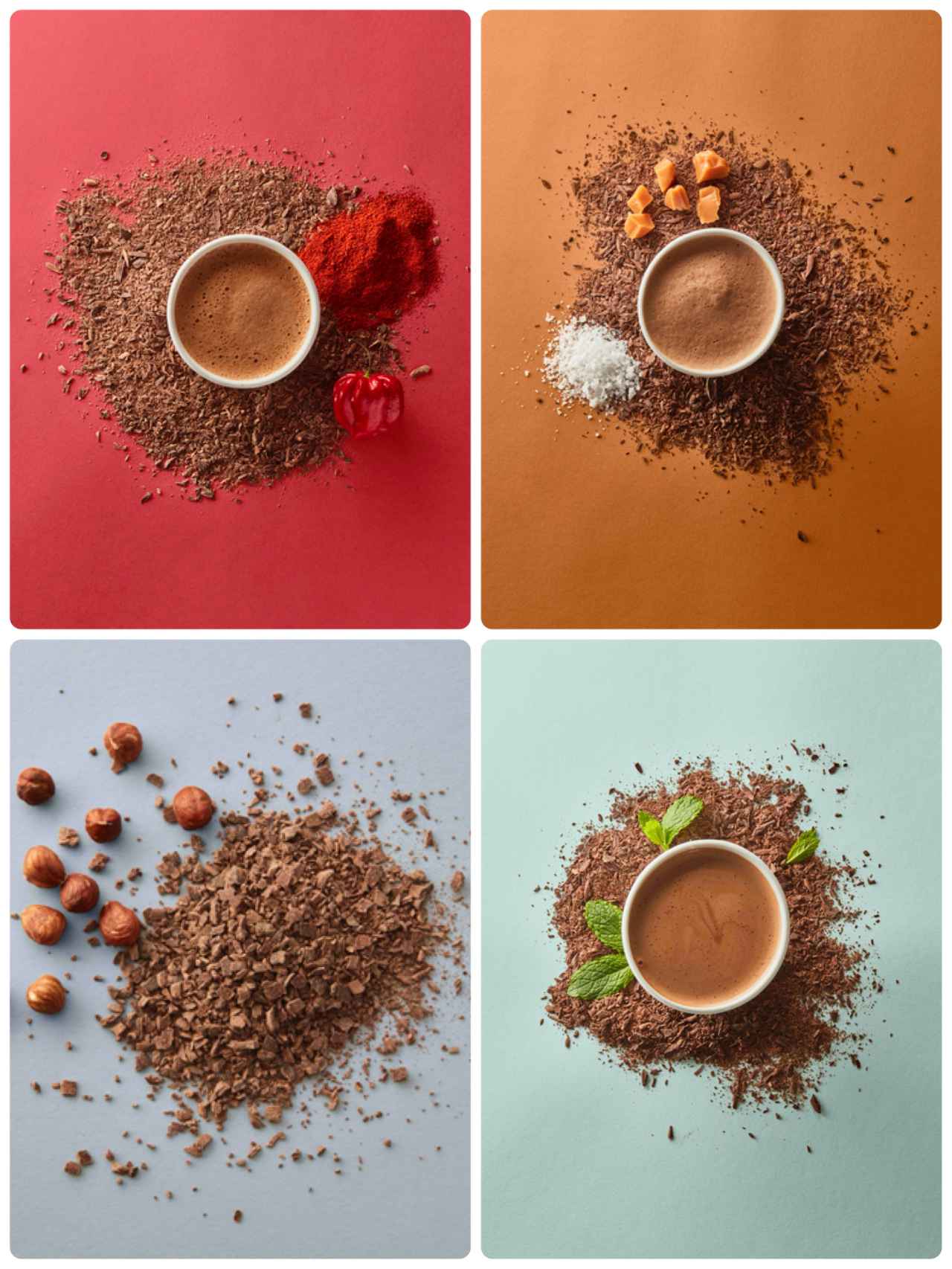 画像: (左上より時計回りで)アステカ、ソルトキャラメル、ミント、ヘーゼルナッツ プラリネ