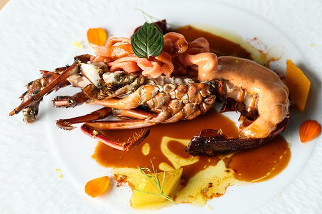 画像: ●Entree(前菜) 伊東産伊勢エビのグリエ、ションロンソースとアメリケーヌ風味、黄色と赤のビーツとかぼちゃのダイヤキューブ、ディル、ビーツ入りピンクヌイユ添え、ミントと秋桜の香り