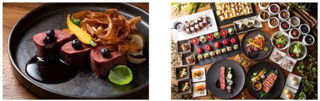 画像: 左:鹿肉のロースト 地物野菜, 大町産ブルーベリーの赤ワインソース 右:セミブッフェ