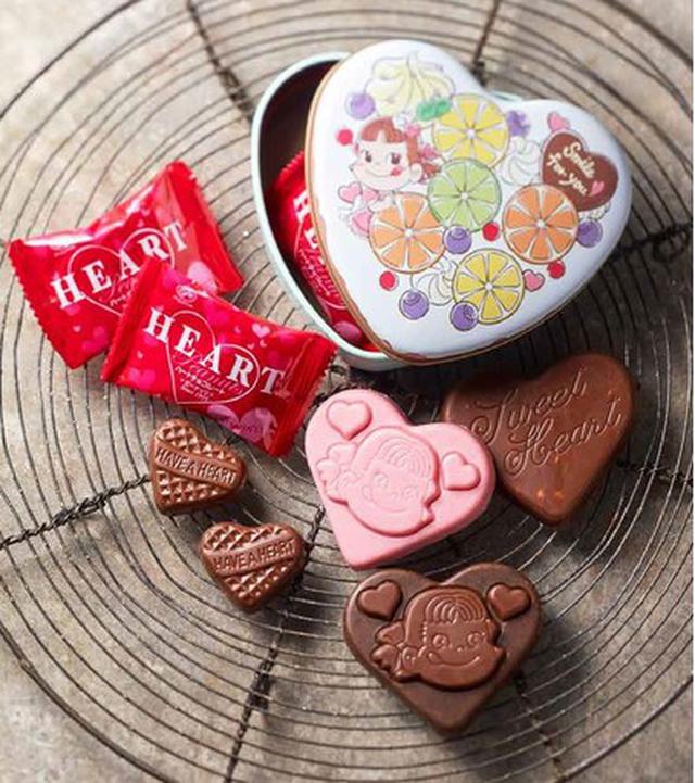 画像: 【初登場】フジヤコンフェクショナリー/ハートチョコレート(ピーナッツ、1個入)87円、ペコちゃんハートチョコレート(クランチ・あまおう苺、1個入)各101円、ハートチョコレート缶(ピーナッツ、5個入)501円