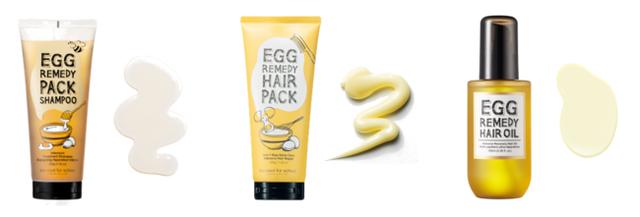 画像: 左から、エッグヘアパックシャンプー、エッグヘアパック、エッグヘアオイル