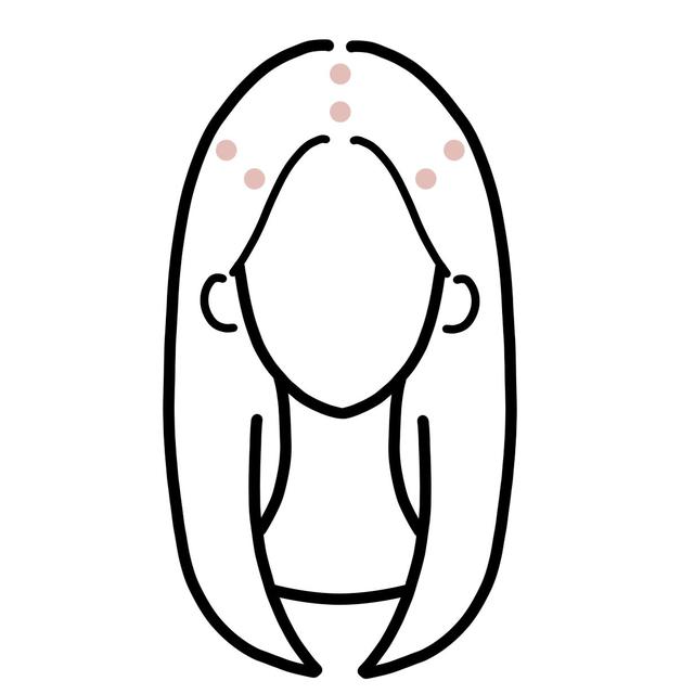 画像: 前頭〜頭頂部は、正中線(真ん中のライン)に2プッシュ、正中線と耳の間の位置に左右それぞれ2プッシュずつの合計6プッシュを塗布していきます。