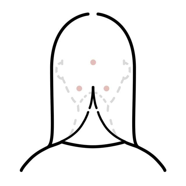画像: 後頭部は、耳の一番高い位置で髪をかき分け、真ん中に1プッシュ塗布します。 先ほどの1プッシュを頂点に三角形を描くように左右の襟足あたりに2プッ シュを塗布します。後頭部〜襟足全体へなじませてください。