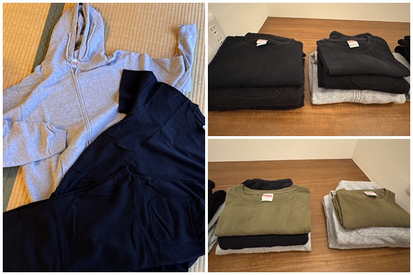 画像: 部屋着もサイズ違いで数種あり、パーカー、Tシャツ、パンツの3点セット。