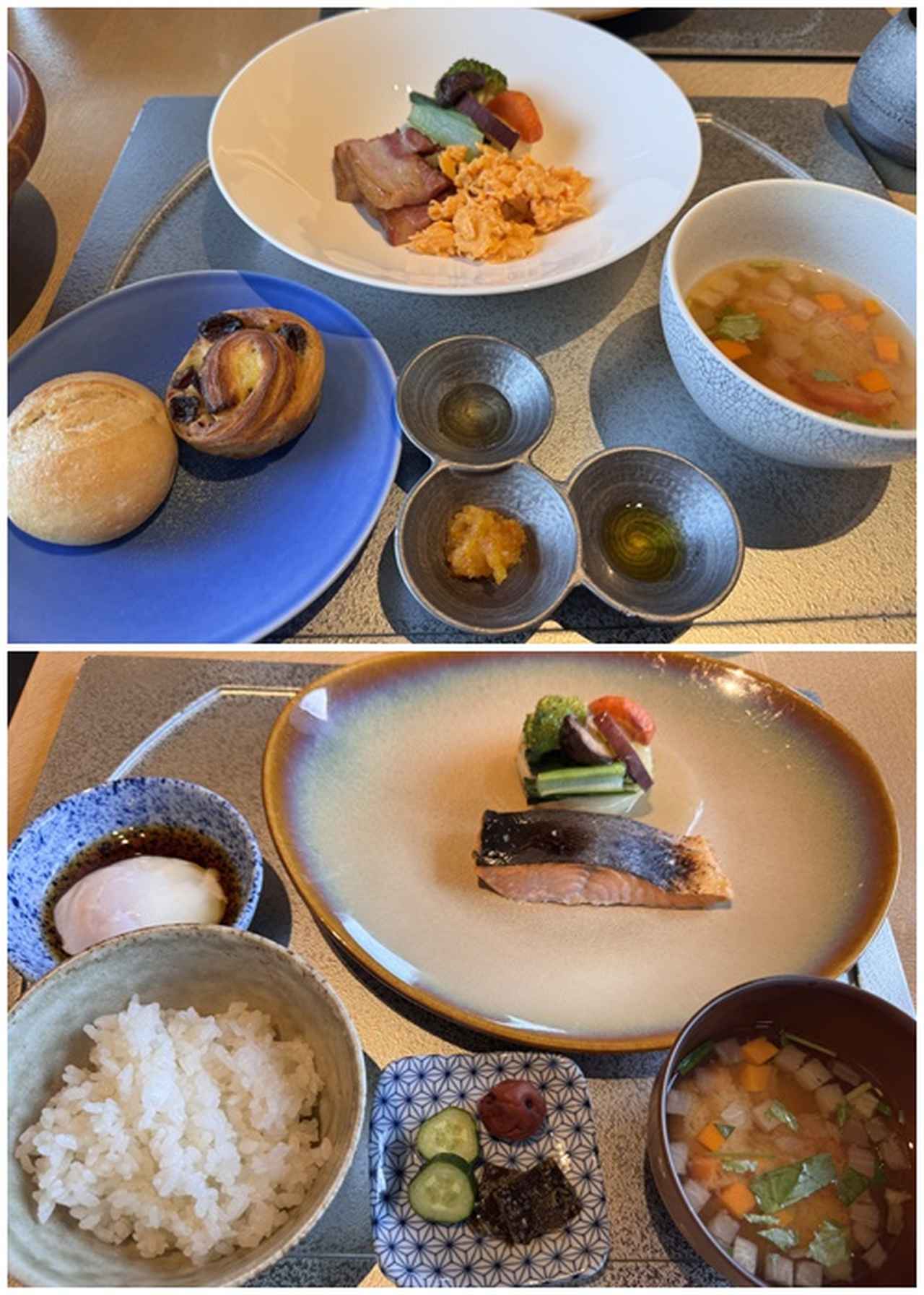 画像: FISH 旬魚の塩焼き 北海道標津より 具だくさん自家製味噌のスープ SORANO米 温卵 漬物 MEAT 厚切りベーコンとスクランブルエッグ 具だくさん自家製味噌のスープ 米粉パン デニッシュ 果物ジャム オリーブオイル