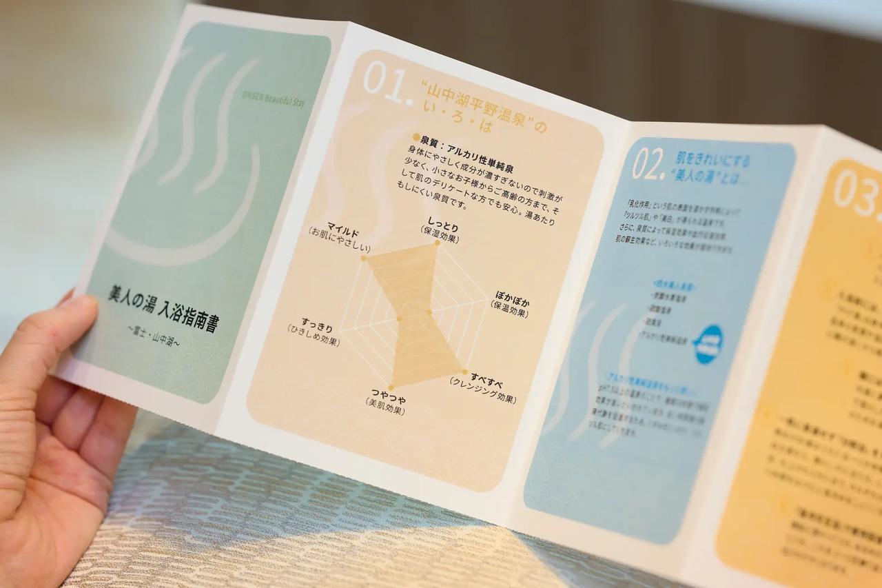 画像: 温泉アドバイザーによる入浴指南書もプレゼント 社内独自の試験に合格したスタッフ、温泉アドバイザーが山中湖温泉の特徴や効果的な入浴方法について、入浴指南書でご紹介。