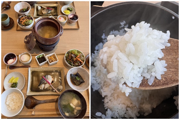 画像: 島のお母さんの朝ごはん　〜小暑〜 サラダ：朝どれ野菜のサラダ自家製胡麻ドレッシング 小鉢：茄子の揚げ浸し 副菜：切千大根・もずく酢 焼き物：サバの塩麴焼き 汁物：魚介出汁のお味噌汁 ご飯：江田島荘オリジナル南部鉄器で炊き上げた広島県産米 ご飯のお供：温泉卵・漬物 甘味：ヨーグルトブルーベリーソース