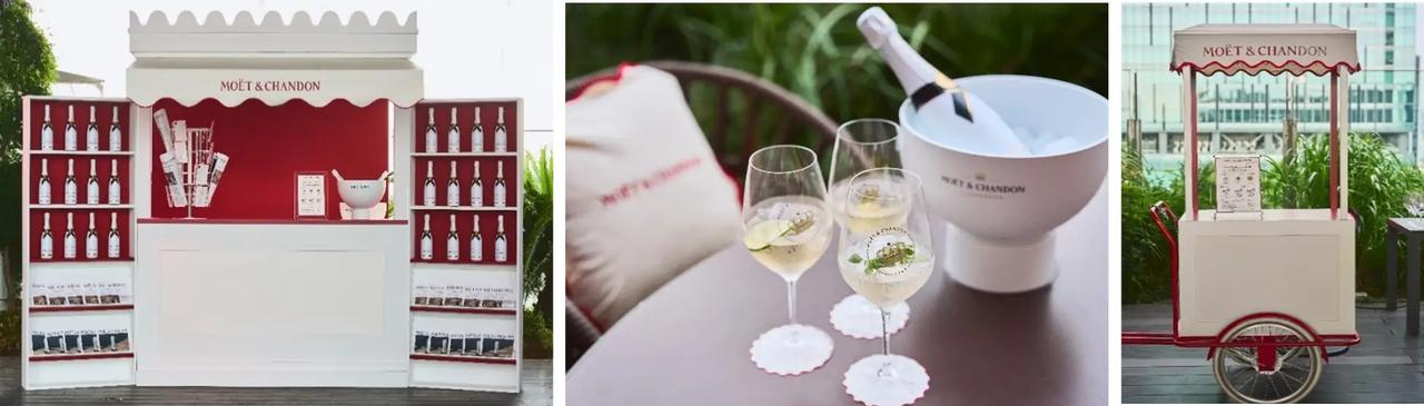画像: （画像左から）会場に登場したモエ・エ・シャンドンの「キオスク」ではガゼットやポストカードを配布／アイス アンペリアルのガーニッシュにはジンジャー、ミント、ライムを添えて／フレンチシックなトローリーではアイス アンペリアルと合わせて楽しむソルベをサーブ