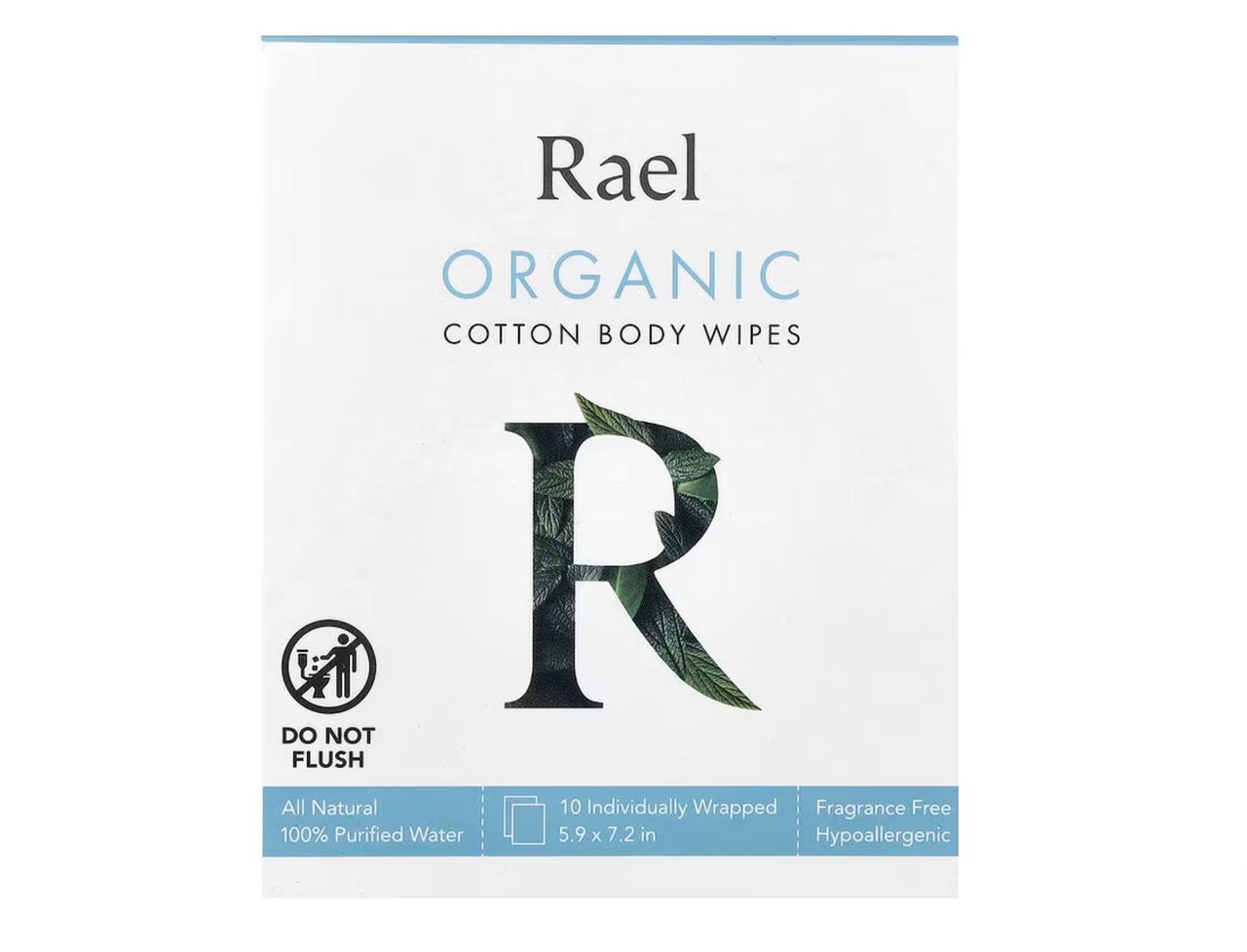 画像: Rael, オーガニックコットン ボディ用拭き取りシート、無香料、個包装の拭き取りシート10枚 / iHerb