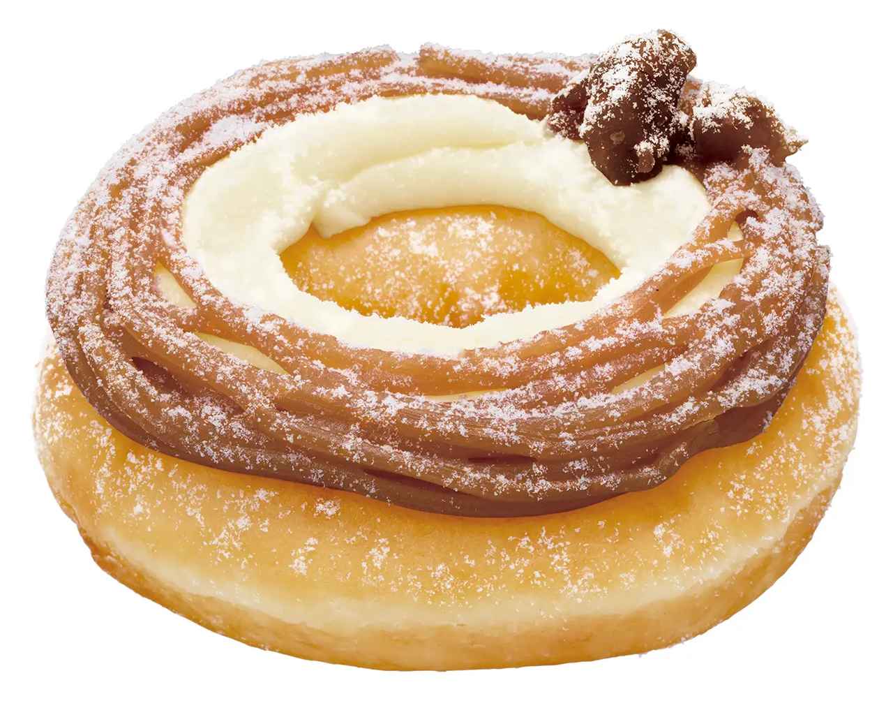 画像: 『モンブラン クリーム 』 【販売期間】2025年9月10日（水）～10月上旬予定 【販売価格】378円（イートイン385円） マロン好きにはたまらないモンブラン風ドーナツ。 上品な甘さのモンブランクリームとミルキーなバニラクリームが合わさり、味わいがいっそうリッチに。 さらに、甘栗かのこを飾って秋らしさたっぷりに。