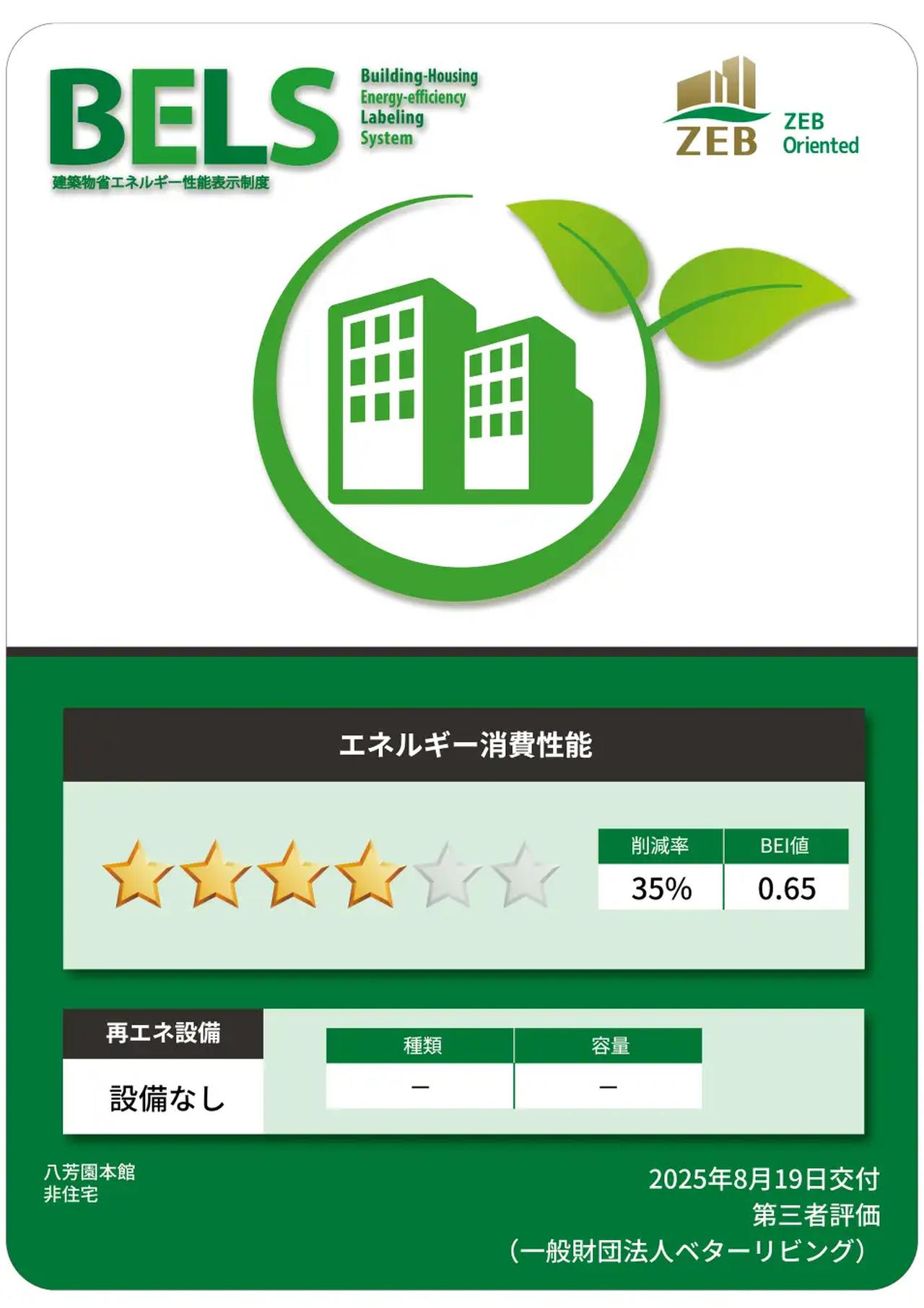 画像: この度の改修で、八芳園は本館にて「ZEB Oriented」の認証を取得しました。「ZEB Oriented」とは、建物の一次エネルギー*消費量の削減率に応じて、4段階に分類される「ZEB(Net Zero Energy Building)」の区分の一つです。認証の対象は延床面積1万平米以上の非住宅建築物で、ホテルや病院、百貨店、集会所など、八芳園が属する用途分類においては、年間の一次エネルギー*消費量を基準値から30%以上削減することが認証の必須条件です。