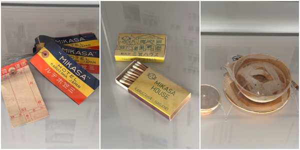 画像: 当時の荷物タグ、マッチ、三笠焼き