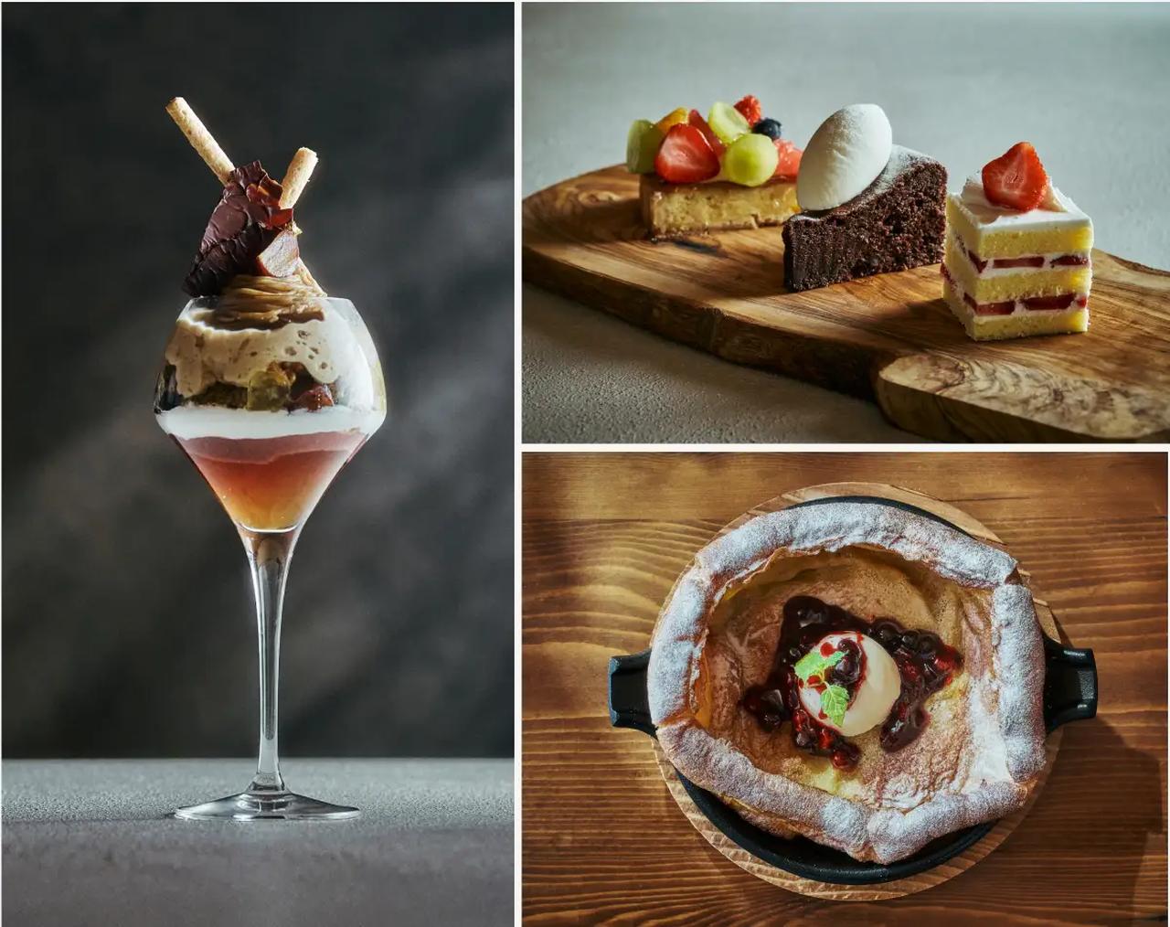 画像: 左／パフェ　右上／「八芳園洋菓子店」のケーキ　右下／ダッチベイビー