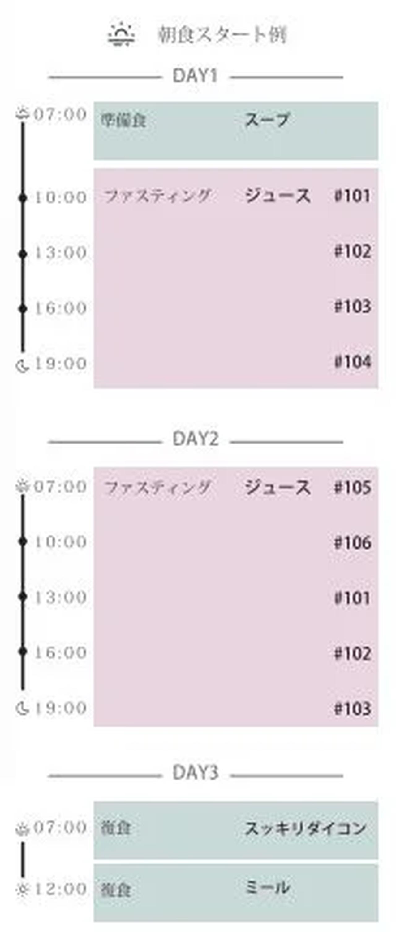 画像: セット内容　※冷凍便 【準備食】 プラントベーススープ（洋）×1 【ファスティング食】 コールドプレスジュース＃101 ×2 コールドプレスジュース＃102 ×2 コールドプレスジュース＃103 ×2 コールドプレスジュース＃104 ×1 コールドプレスジュース＃105 ×1 コールドプレスジュース＃106 ×1 【復食】 スッキリダイコン ×1 ウメ＆ミソ ×1 プラントベースミール（洋）×1