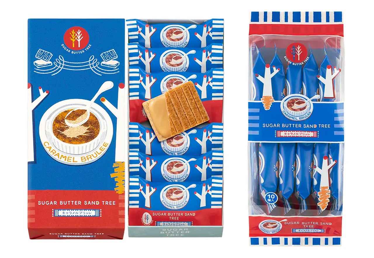 画像: 【商品名】シュガーバターサンドの木 キャラメルブリュレ 【発売日】2025年10月1日(水)～2026年4月20日(月)頃 【価　格】7個入 734円(本体価格680円)、10個入 お買い得パック 993円(本体価格920円) 【販売店】シュガーバターの木 大丸東京店・⻄武池袋店・そごう横浜店・阪急うめだ店・ジェイアール名古屋タカシマヤ店・博多阪急店・JR上野駅店・JR大宮駅店・羽田空港第1ターミナル店、羽田空港第2ターミナル店)、パクとモグ 小田急町田店、Ekinaka LAB 東京八重洲南口 パクモグテラス ※このほか一部姉妹店で販売する場合もございます。 ※店舗によりお取り扱いが異なります。 ※販売店は予告なく変更する場合がございます。 ※表示の価格は参考小売価格です。